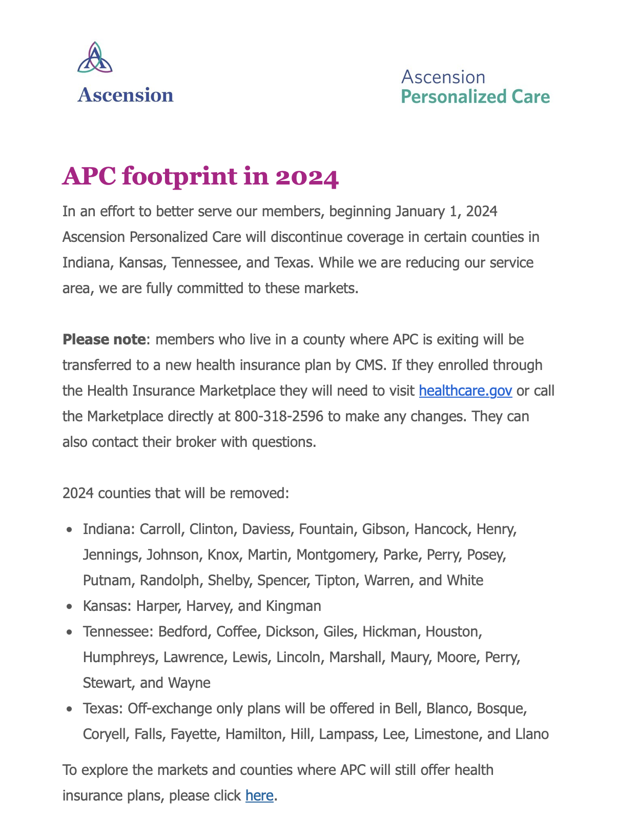 Ascension discontinuing coverage 2023